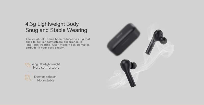 QCY T5 Bluetooth 5 TWS Earbuds are lightweight