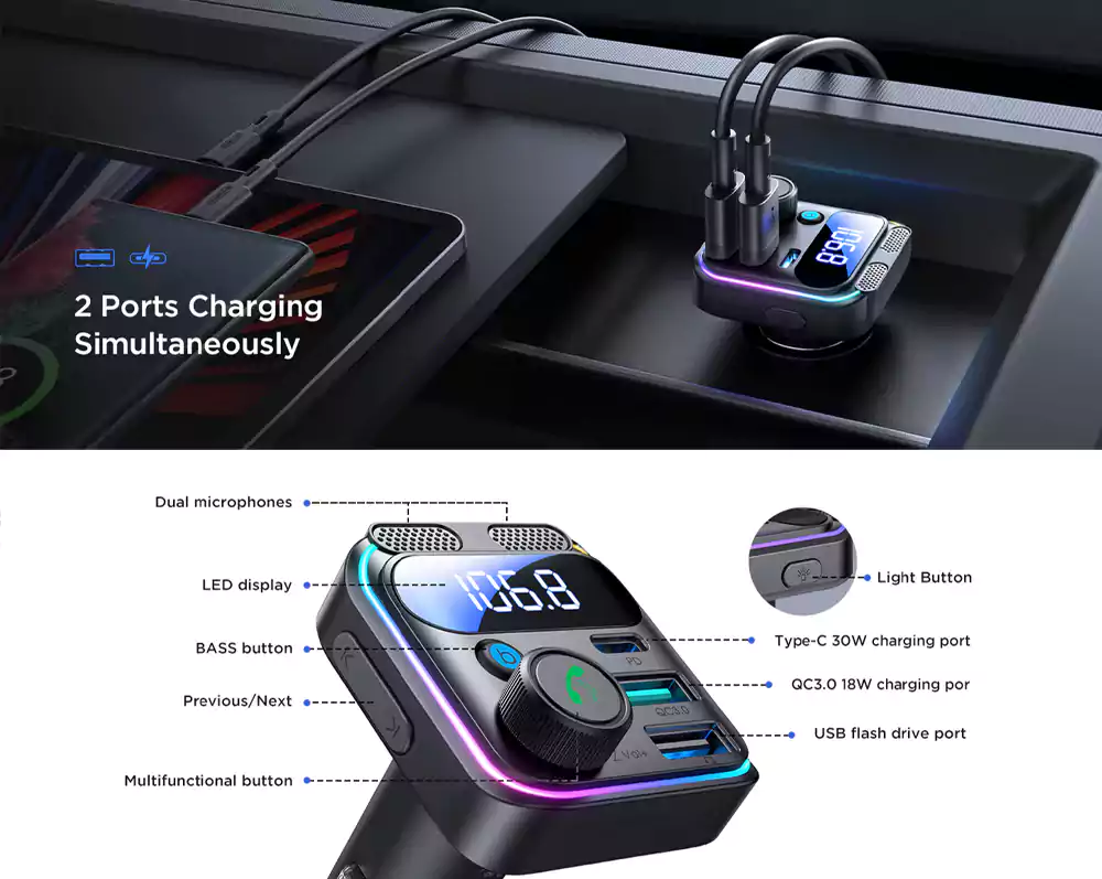 Joyroom JR-CCB01 48W Dual-Mic Car Wireless FM Transmitter 3