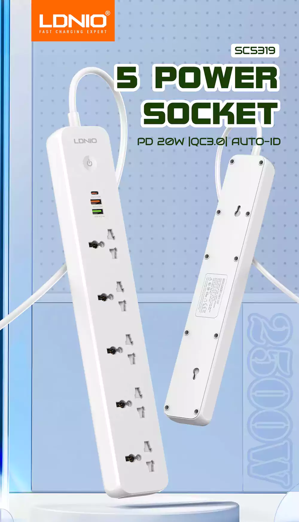 LDNIO SC5319 AC 5 Outlet PD 20W 3 USB Power Strip 2