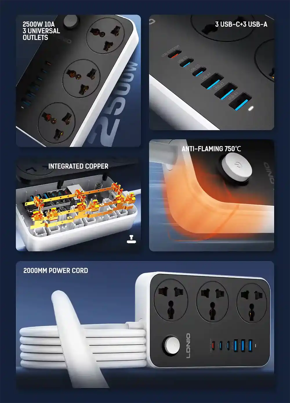 LDNIO SC3604C 2500W Universal USB Power Strip-3